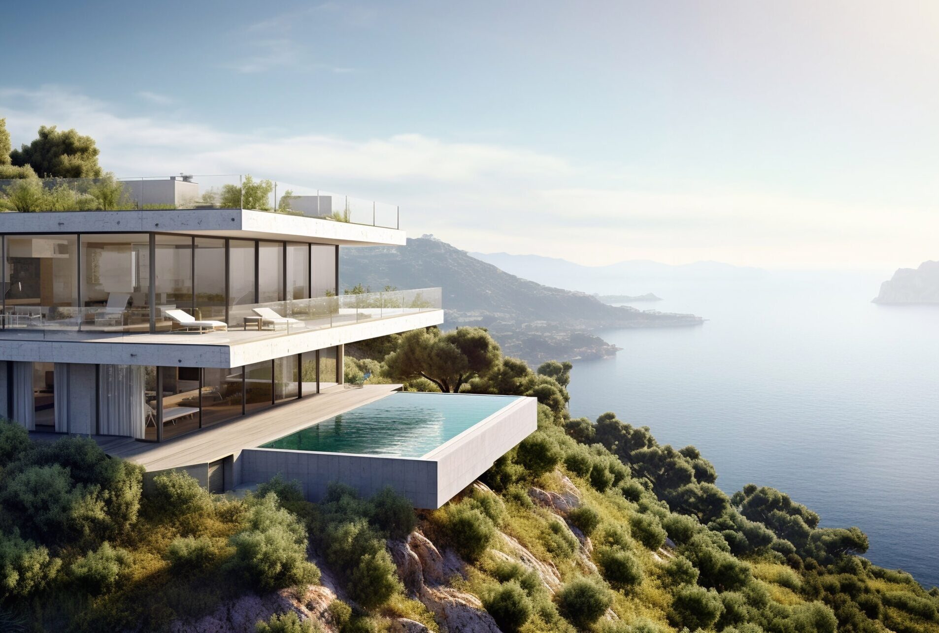 Panoramic view of mountain hill large luxury villa house with ocean view on sunny summer day.AI Generative